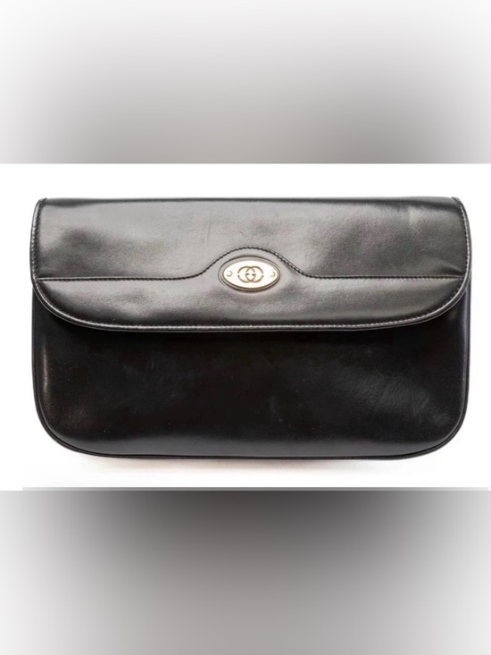 Vintage Gucci Black Leather Chain Shoulder Bag GG Logo 